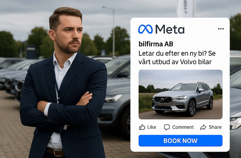En man i kostym står med korslagda armar på en parkeringsplats fylld med Volvobilar. Bredvid honom marknadsförs Volvobilar på svenska och föreställer en silverfärgad Volvo SUV med en "BOKA NU"-knapp.