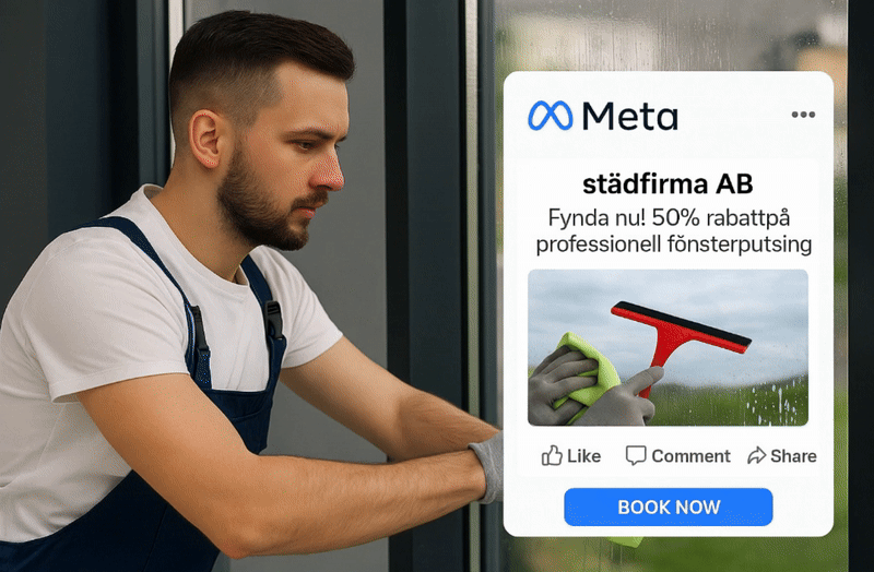 En man i arbetskläder putsar ett fönster. Överlagrad finns en digital annons från Meta för "städfirma AB" som erbjuder 50 % rabatt på professionell fönsterputsning, med ett foto på händer som putsar ett fönster och en "BOKA NU"-knapp.