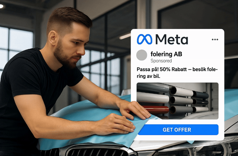 En man applicerar blå film på en bilhuv. I förgrunden finns en digital annons från Meta som erbjuder 50 % rabatt på bilfoliering, med ett foto på bilfolieringsrullar och en "HÄMTA ERBJUDANDE"-knapp.