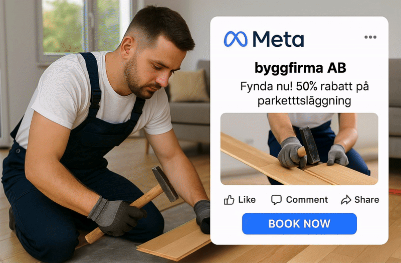En man lägger trägolv i ett vardagsrum medan han håller i en hammare. Bredvid honom finns en Meta-annons på svenska som erbjuder 50 % rabatt på parkettgolvsinstallation, med en "BOKA NU"-knapp.
