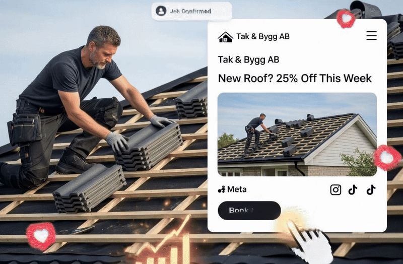 En takläggare installerar tegelpannor på ett hustak. Bredvid honom finns en digital annons för "Tak & Bygg AB" som erbjuder 25 % rabatt på nya tak, med ikoner för sociala medier och en "Boka nu"-knapp, omgiven av digitala gilla-ikoner.